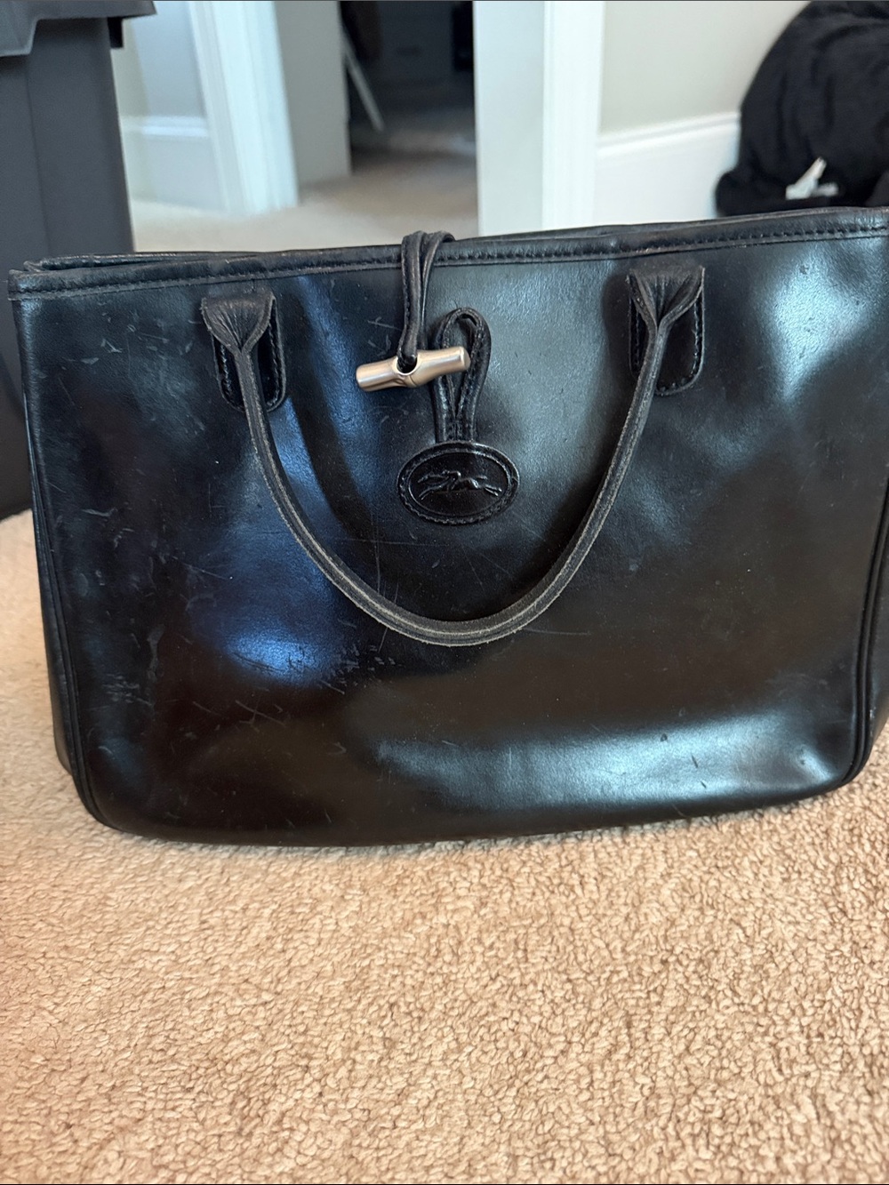 Vintage Longchamp Black Leather Tote with Toggle Accent